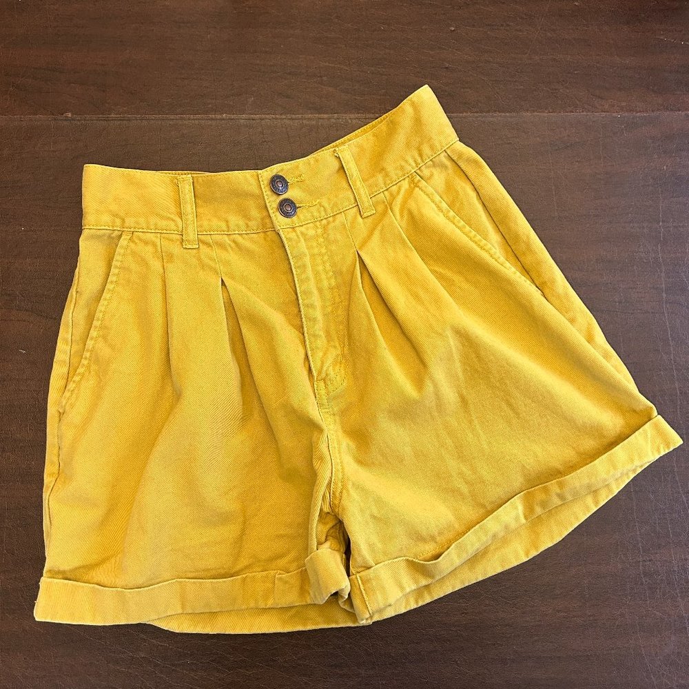 Forever 21 Mustard Yellow Cotton Denim High Waist Pleated Shorts Size S